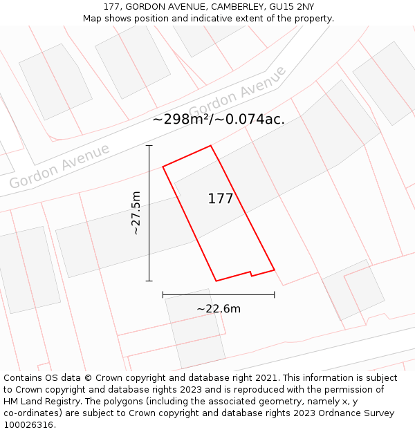 177, GORDON AVENUE, CAMBERLEY, GU15 2NY: Plot and title map