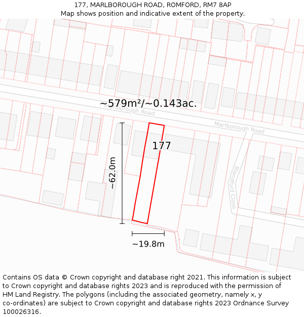 177, MARLBOROUGH ROAD, ROMFORD, RM7 8AP: Plot and title map