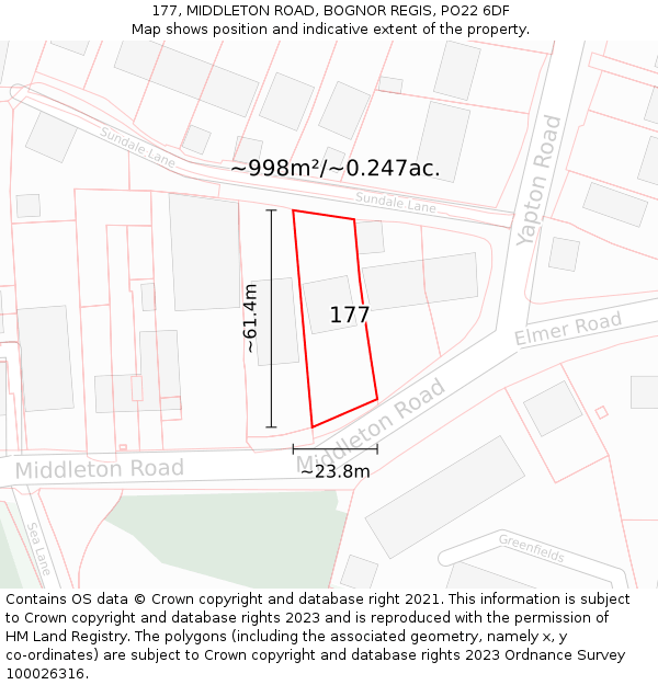 177, MIDDLETON ROAD, BOGNOR REGIS, PO22 6DF: Plot and title map