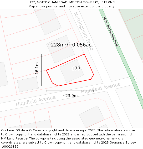 177, NOTTINGHAM ROAD, MELTON MOWBRAY, LE13 0NS: Plot and title map