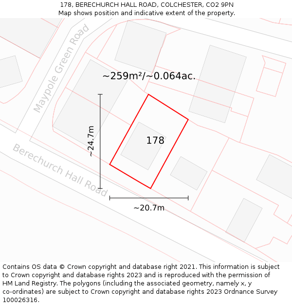 178, BERECHURCH HALL ROAD, COLCHESTER, CO2 9PN: Plot and title map