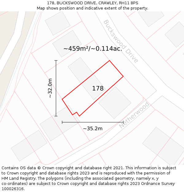 178, BUCKSWOOD DRIVE, CRAWLEY, RH11 8PS: Plot and title map