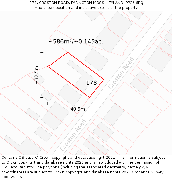 178, CROSTON ROAD, FARINGTON MOSS, LEYLAND, PR26 6PQ: Plot and title map