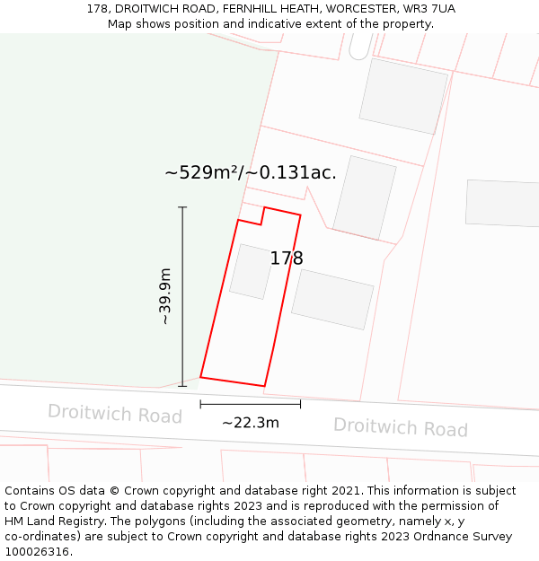 178, DROITWICH ROAD, FERNHILL HEATH, WORCESTER, WR3 7UA: Plot and title map