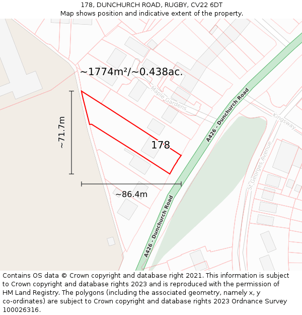 178, DUNCHURCH ROAD, RUGBY, CV22 6DT: Plot and title map