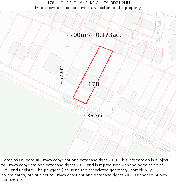 178, HIGHFIELD LANE, KEIGHLEY, BD21 2HU: Plot and title map