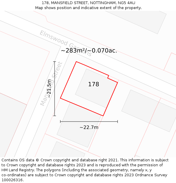 178, MANSFIELD STREET, NOTTINGHAM, NG5 4AU: Plot and title map