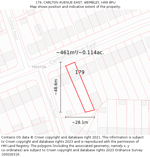 179, CARLTON AVENUE EAST, WEMBLEY, HA9 8PU: Plot and title map
