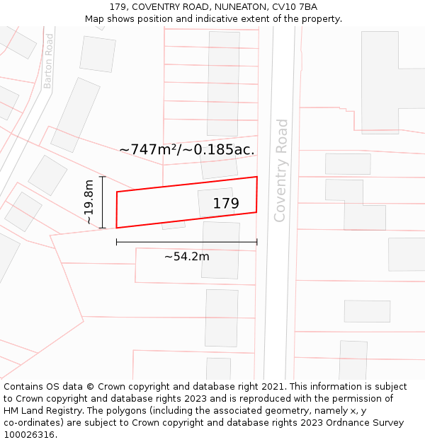 179, COVENTRY ROAD, NUNEATON, CV10 7BA: Plot and title map