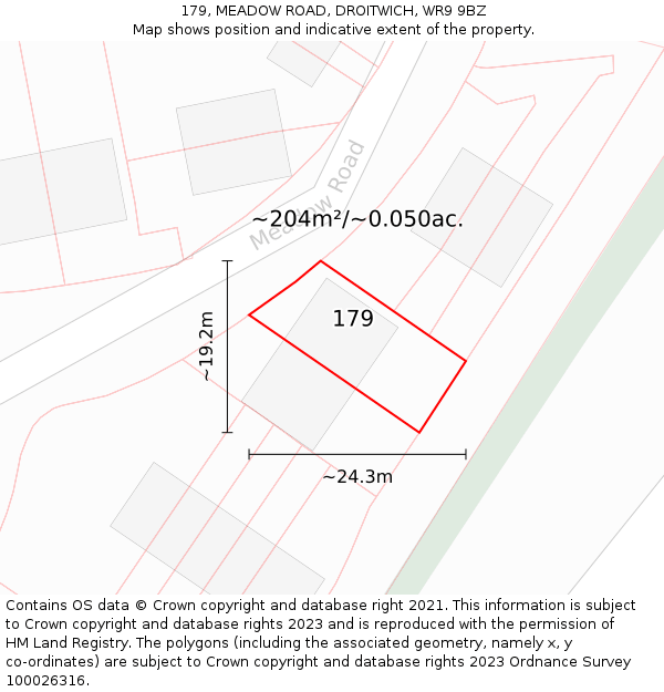 179, MEADOW ROAD, DROITWICH, WR9 9BZ: Plot and title map