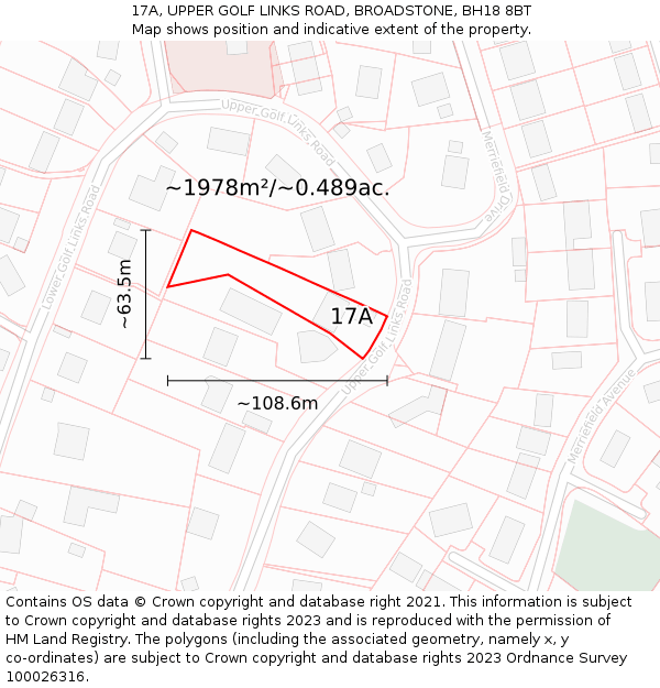 17A, UPPER GOLF LINKS ROAD, BROADSTONE, BH18 8BT: Plot and title map