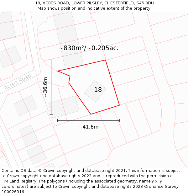 18, ACRES ROAD, LOWER PILSLEY, CHESTERFIELD, S45 8DU: Plot and title map