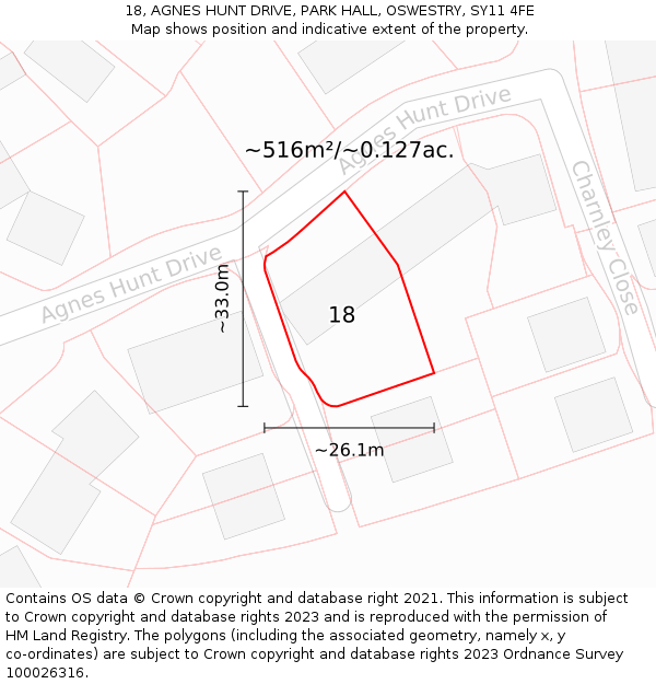 18, AGNES HUNT DRIVE, PARK HALL, OSWESTRY, SY11 4FE: Plot and title map