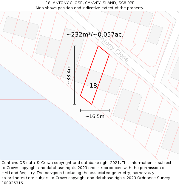 18, ANTONY CLOSE, CANVEY ISLAND, SS8 9PF: Plot and title map