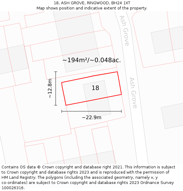 18, ASH GROVE, RINGWOOD, BH24 1XT: Plot and title map