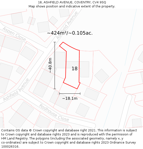 18, ASHFIELD AVENUE, COVENTRY, CV4 9SQ: Plot and title map