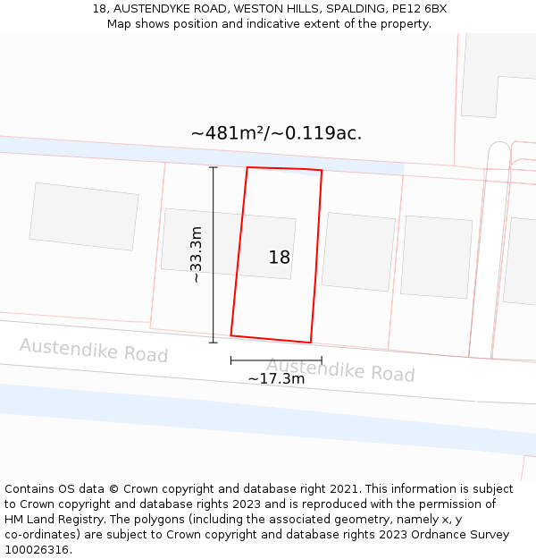 18, AUSTENDYKE ROAD, WESTON HILLS, SPALDING, PE12 6BX: Plot and title map