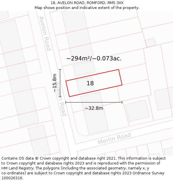 18, AVELON ROAD, ROMFORD, RM5 3XX: Plot and title map