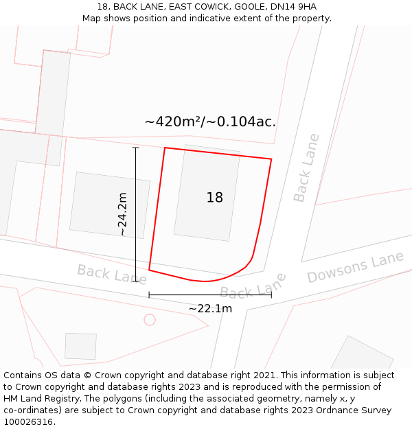 18, BACK LANE, EAST COWICK, GOOLE, DN14 9HA: Plot and title map