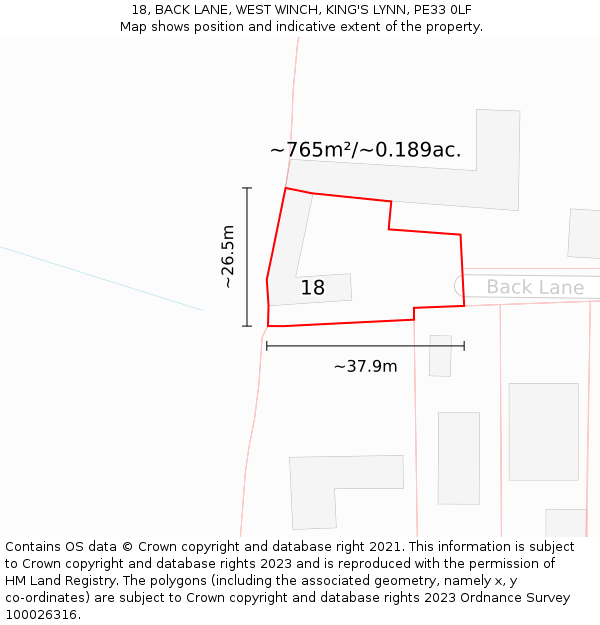 18, BACK LANE, WEST WINCH, KING'S LYNN, PE33 0LF: Plot and title map