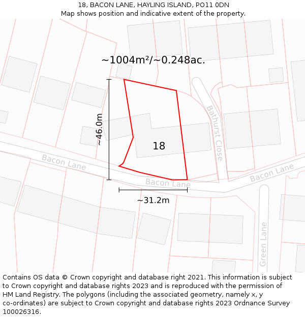 18, BACON LANE, HAYLING ISLAND, PO11 0DN: Plot and title map