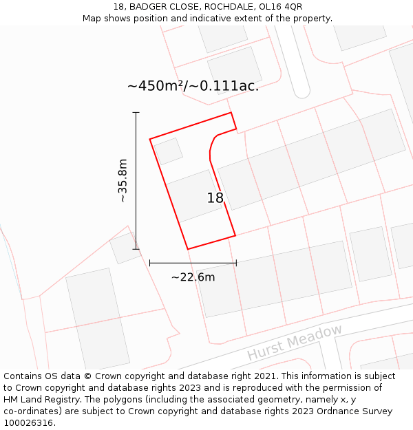 18, BADGER CLOSE, ROCHDALE, OL16 4QR: Plot and title map