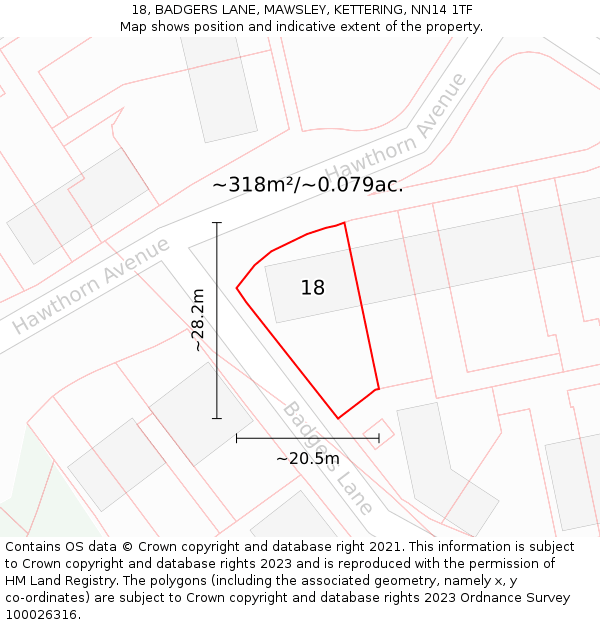 18, BADGERS LANE, MAWSLEY, KETTERING, NN14 1TF: Plot and title map