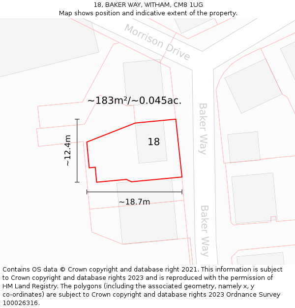 18, BAKER WAY, WITHAM, CM8 1UG: Plot and title map