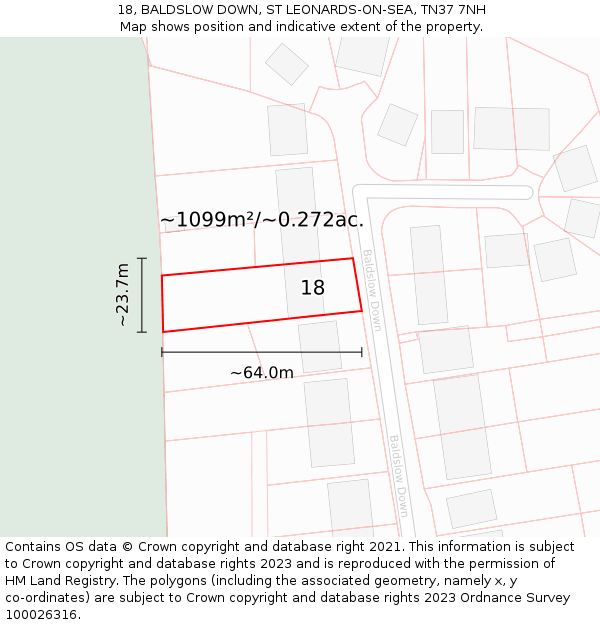 18, BALDSLOW DOWN, ST LEONARDS-ON-SEA, TN37 7NH: Plot and title map