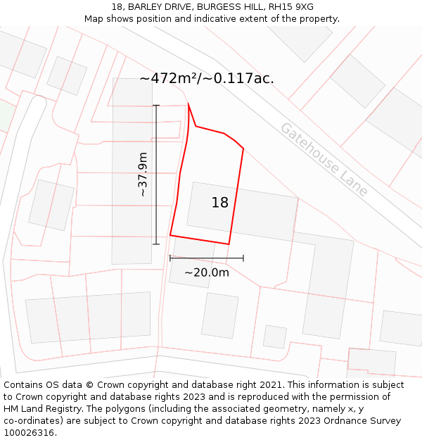 18, BARLEY DRIVE, BURGESS HILL, RH15 9XG: Plot and title map