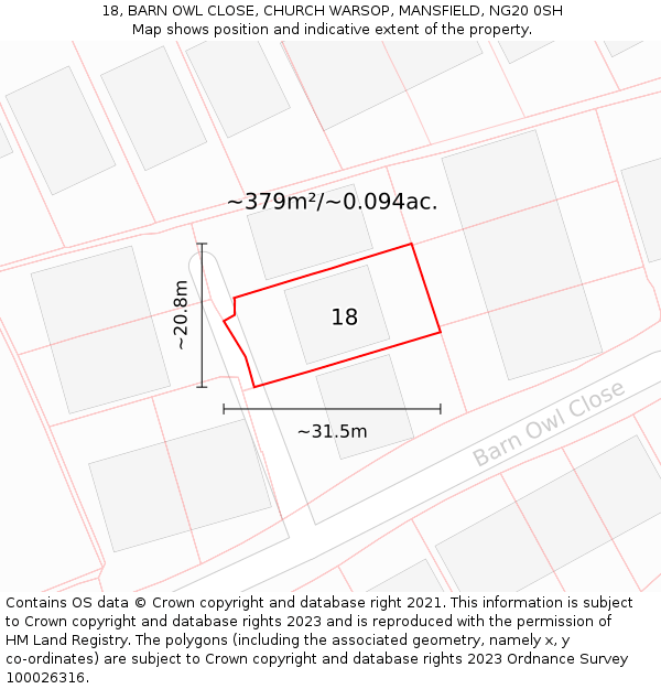 18, BARN OWL CLOSE, CHURCH WARSOP, MANSFIELD, NG20 0SH: Plot and title map