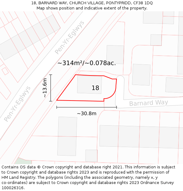 18, BARNARD WAY, CHURCH VILLAGE, PONTYPRIDD, CF38 1DQ: Plot and title map