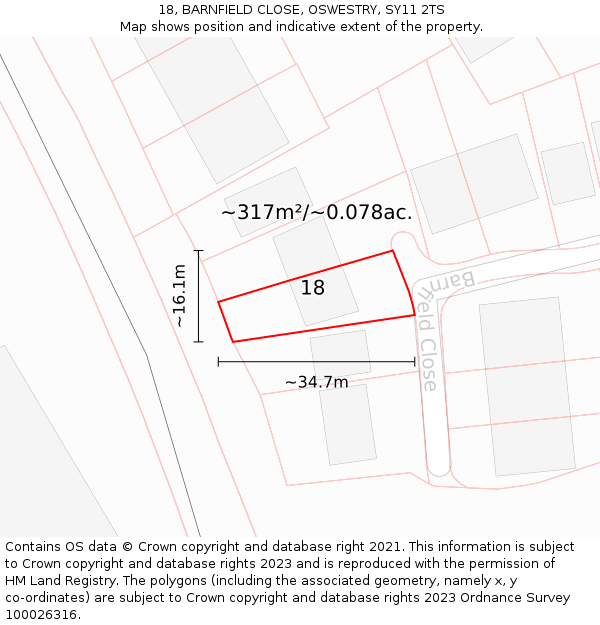 18, BARNFIELD CLOSE, OSWESTRY, SY11 2TS: Plot and title map