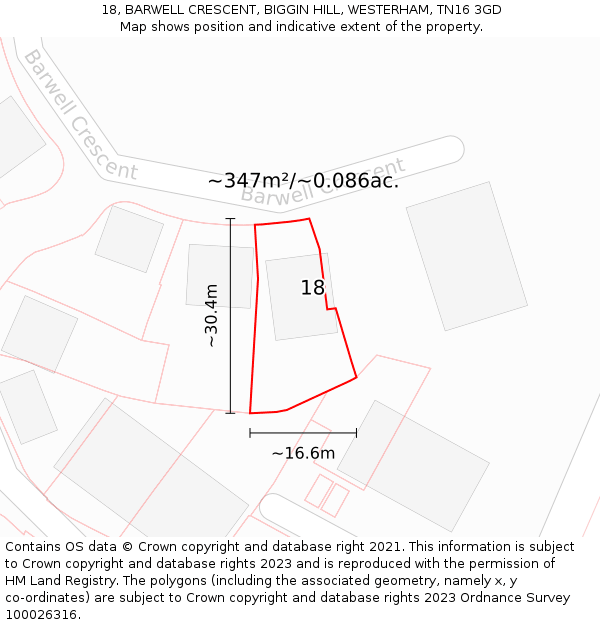 18, BARWELL CRESCENT, BIGGIN HILL, WESTERHAM, TN16 3GD: Plot and title map