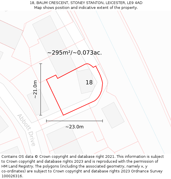 18, BAUM CRESCENT, STONEY STANTON, LEICESTER, LE9 4AD: Plot and title map