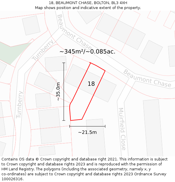 18, BEAUMONT CHASE, BOLTON, BL3 4XH: Plot and title map