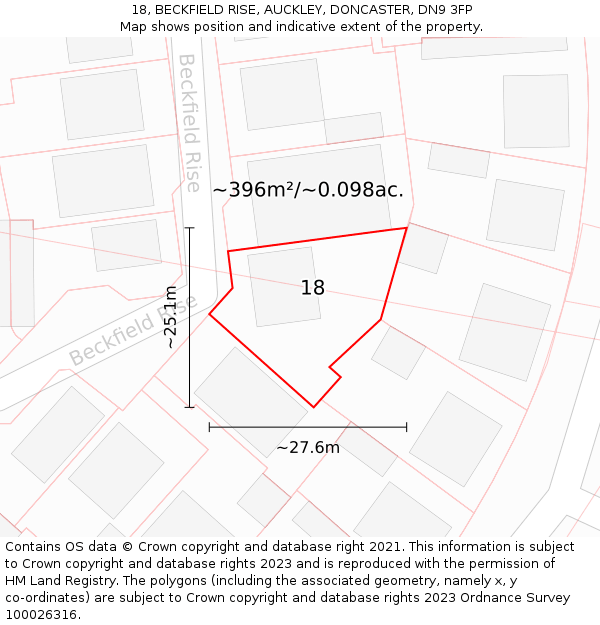 18, BECKFIELD RISE, AUCKLEY, DONCASTER, DN9 3FP: Plot and title map