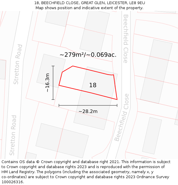 18, BEECHFIELD CLOSE, GREAT GLEN, LEICESTER, LE8 9EU: Plot and title map