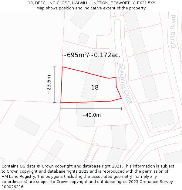 18, BEECHING CLOSE, HALWILL JUNCTION, BEAWORTHY, EX21 5XY: Plot and title map