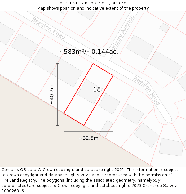 18, BEESTON ROAD, SALE, M33 5AG: Plot and title map