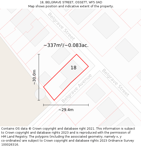 18, BELGRAVE STREET, OSSETT, WF5 0AD: Plot and title map