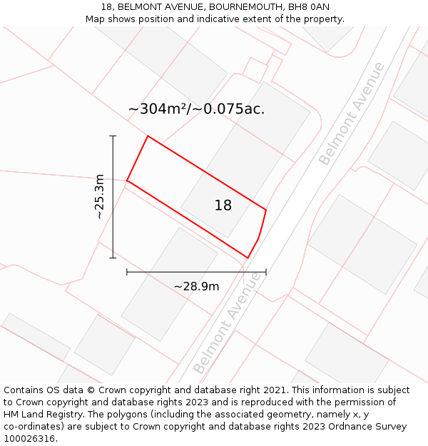 18, BELMONT AVENUE, BOURNEMOUTH, BH8 0AN: Plot and title map