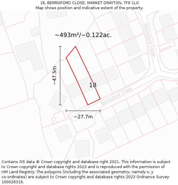 18, BERRISFORD CLOSE, MARKET DRAYTON, TF9 1LG: Plot and title map