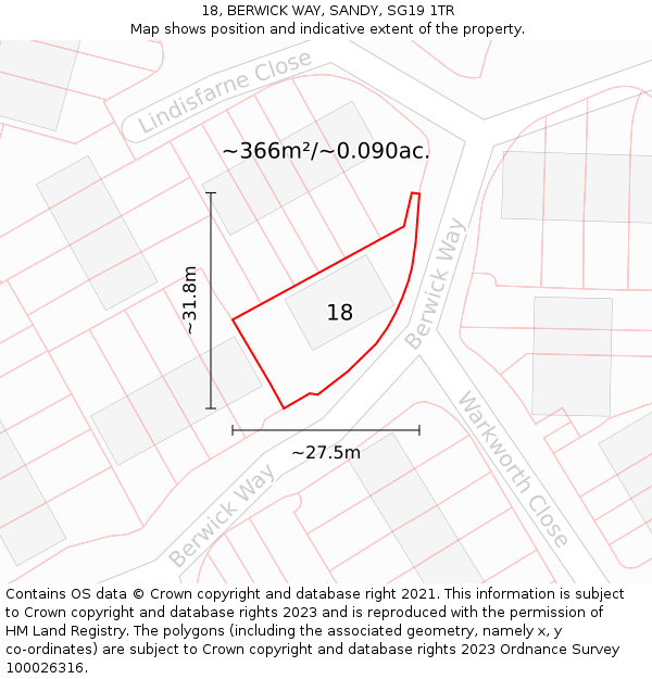 18, BERWICK WAY, SANDY, SG19 1TR: Plot and title map