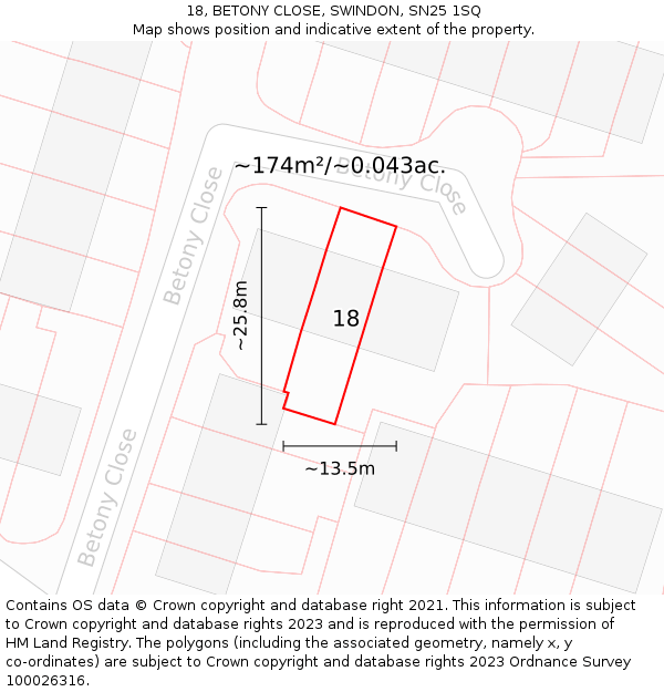 18, BETONY CLOSE, SWINDON, SN25 1SQ: Plot and title map