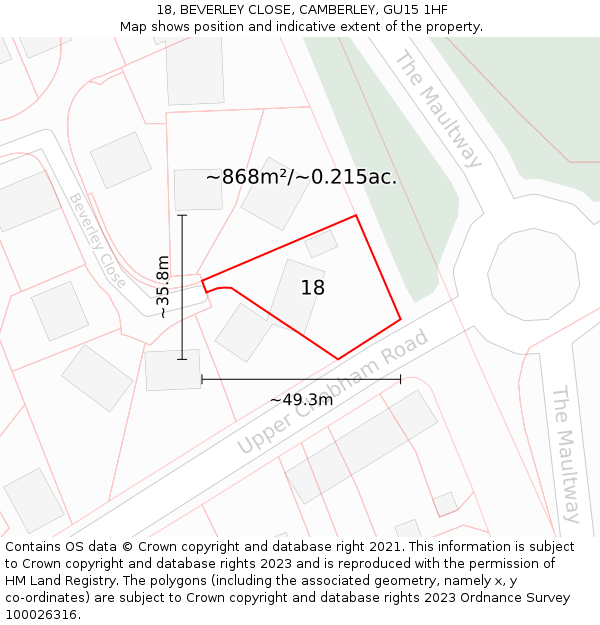 18, BEVERLEY CLOSE, CAMBERLEY, GU15 1HF: Plot and title map