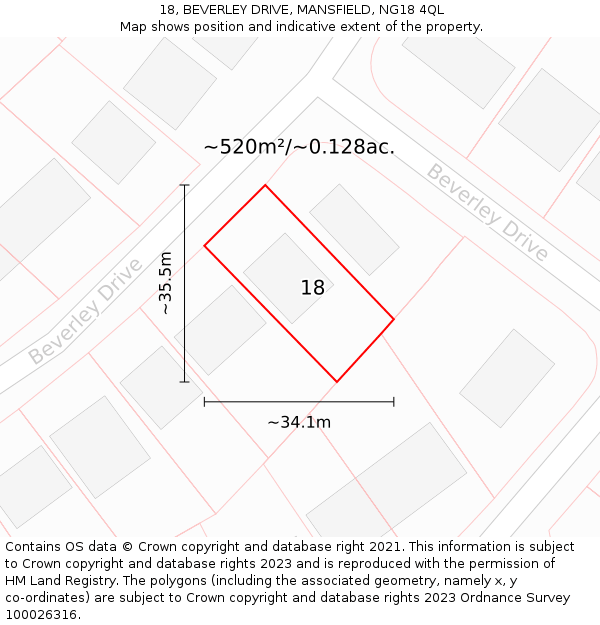 18, BEVERLEY DRIVE, MANSFIELD, NG18 4QL: Plot and title map