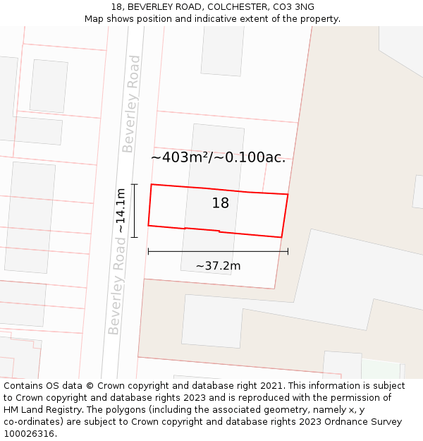 18, BEVERLEY ROAD, COLCHESTER, CO3 3NG: Plot and title map