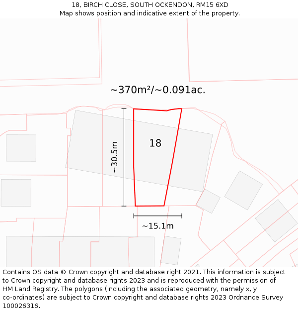 18, BIRCH CLOSE, SOUTH OCKENDON, RM15 6XD: Plot and title map