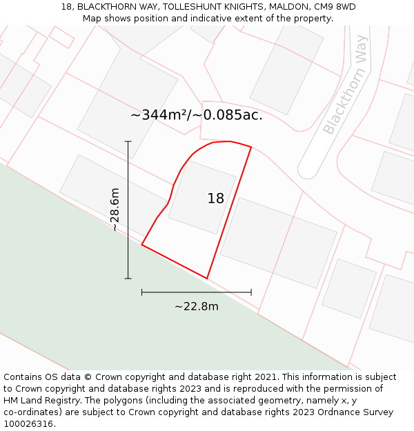 18, BLACKTHORN WAY, TOLLESHUNT KNIGHTS, MALDON, CM9 8WD: Plot and title map